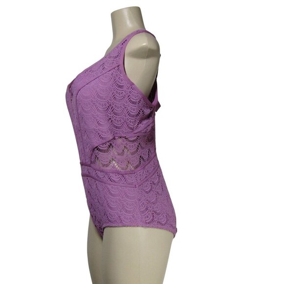 BECCA BY REBECCA 2X  Virtue Mauve Purple CROCHET One Piece Plunge Swim suit - Picture 4 of 11